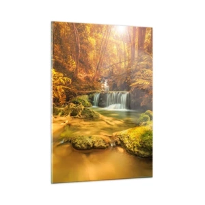 Tablou pe sticlă - Cascadă de pădure în aur - 50x70 cm