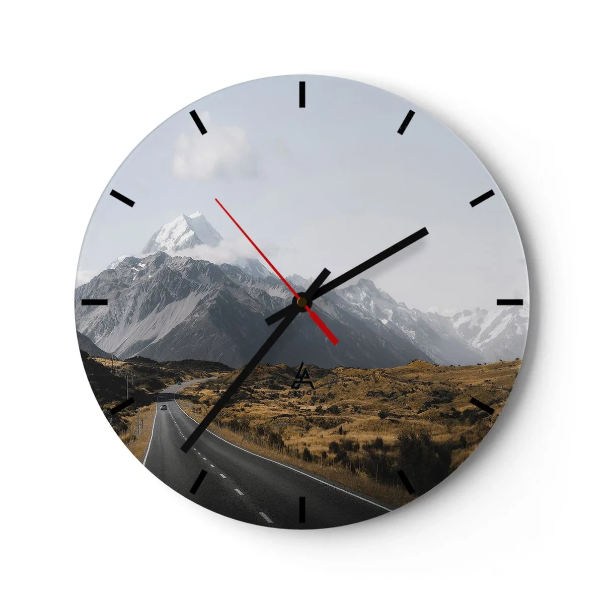 Ceas de perete - Ceas pe sticlă - Un drum care duce spre munți acoperiți de zăpadă sub un cer senin - 30x30cm - Drumul spre inima munților - Decorațiune modernă pentru perete pentru living, bucătărie și dormitor ARTTOR