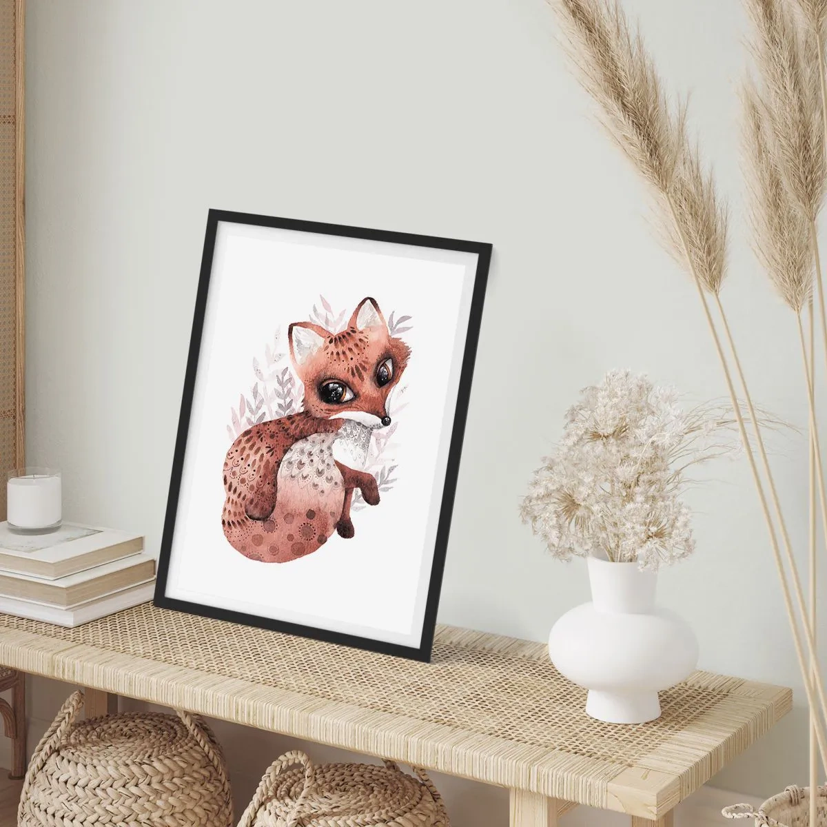 Poster în ramă neagră - O vulpe drăguță în acuarelă pe fundal alb - 50x70cm - Doar iubire - Decorațiune modernă pentru perete pentru living și dormitor ARTTOR