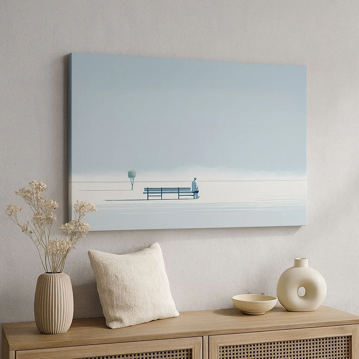 Tablou pe pânză Canvas - O persoană așezată pe o bancă într-un peisaj minimalist - 70x50cm - Da, aștept. - Decorațiune modernă pentru perete pentru living și dormitor ARTTOR