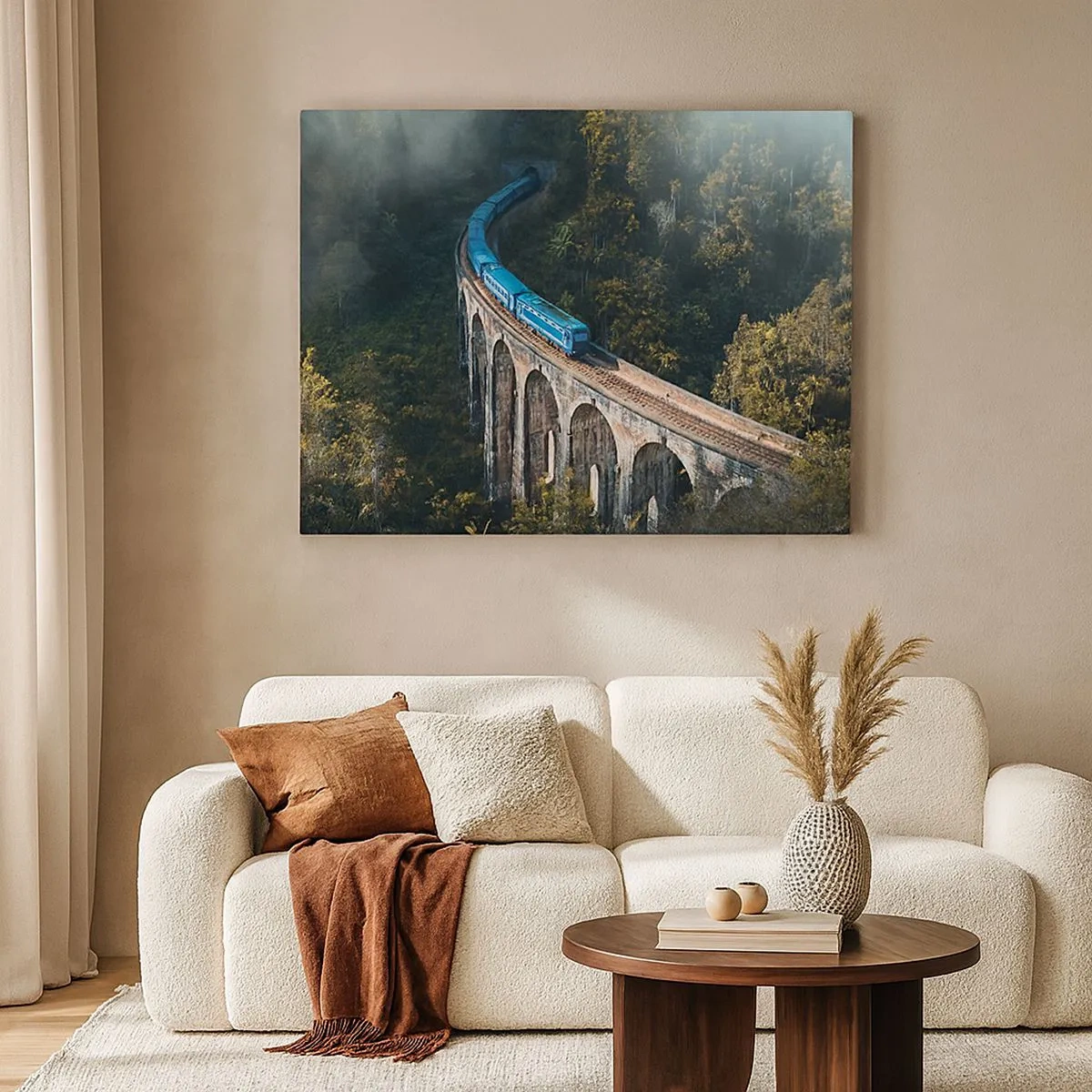 Tablou pe pânză Canvas - Un tren albastru pe un viaduct istoric printre păduri - 70x50cm - Cu trenul spre natură - Decorațiune modernă pentru perete pentru living și dormitor ARTTOR