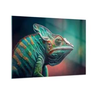 Tablou pe sticlă - Un cameleon colorat pe un fundal neclar în lumină intensă. - 70x50cm - Mă poți vedea? Nu e bine... - Decorațiune modernă pentru perete pentru living și dormitor ARTTOR