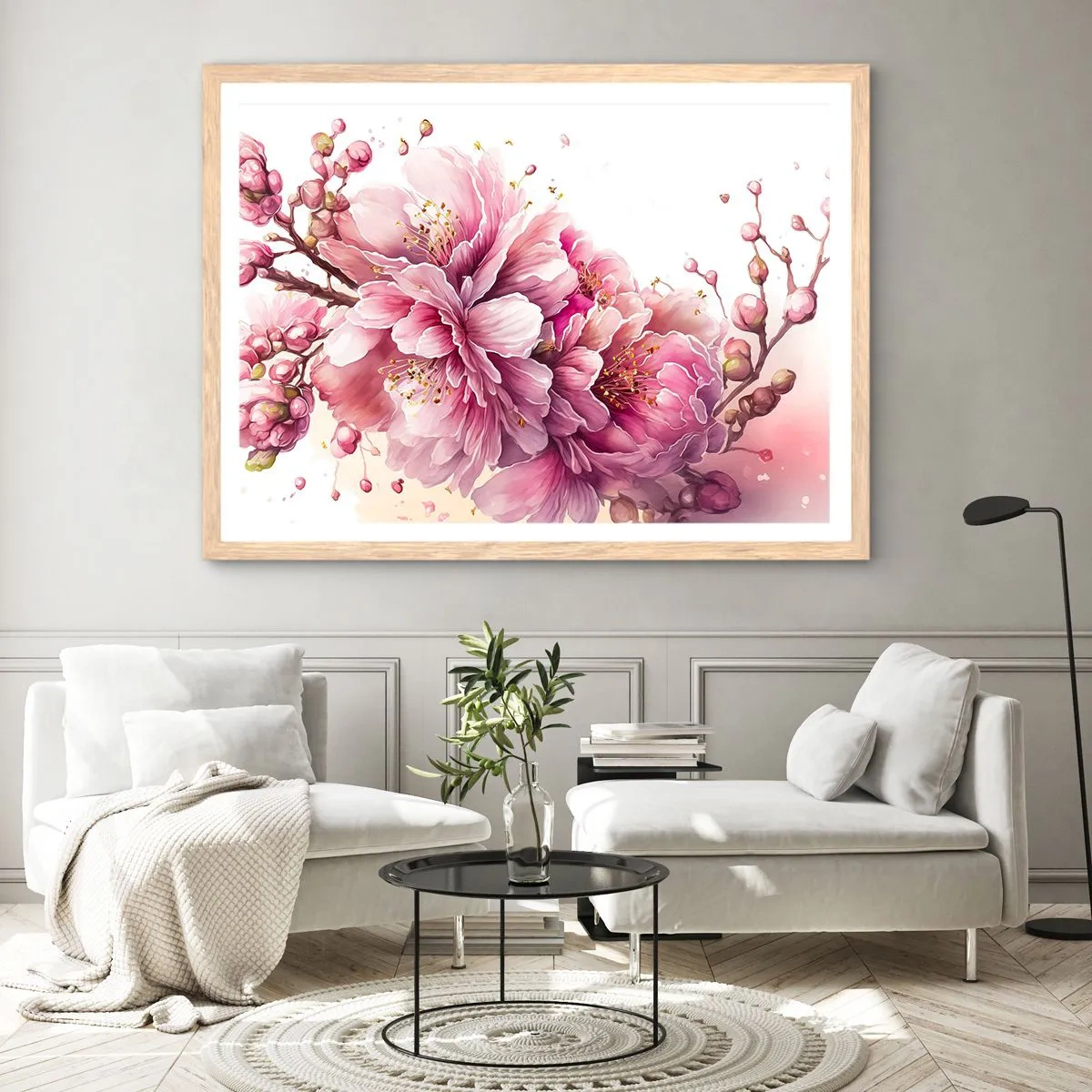 Poster în ramă de stejar deschis - Flori de cireș - 40x30 cm