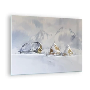 Tablou pe sticlă - Peisaj de iarnă cu o căsuță și căpițe de fân în munți - 70x50cm - Într-o vale înzăpezită - Decorațiune modernă pentru perete pentru living și dormitor ARTTOR