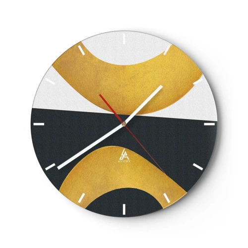 Ceas de perete - Ceas pe sticlă - Forme aurii abstracte pe un fundal alb-negru - 30x30cm - În primul rând: aurul - Decorațiune modernă pentru perete pentru living, bucătărie și dormitor ARTTOR
