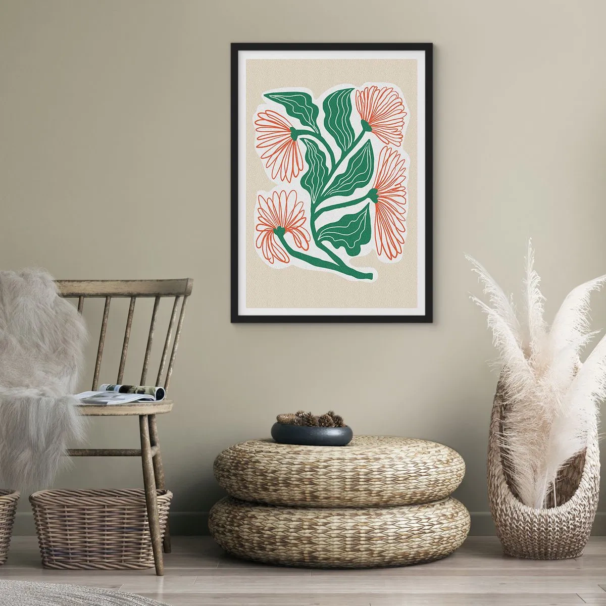 Poster în ramă neagră - Motiv abstract de flori și frunze pe un fundal bej - 50x70cm - Folclor modern - Decorațiune modernă pentru perete pentru living și dormitor ARTTOR
