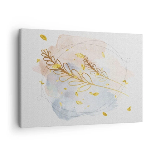 Tablou pe pânză Canvas - Un motiv delicat de frunze aurii pe un fundal pastel cu detalii în acuarelă. - 70x50cm - Suflul de aur - Decorațiune modernă pentru perete pentru living și dormitor ARTTOR