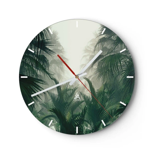 Ceas de perete - Ceas pe sticlă - Frunze tropicale cețoase în nuanțe de verde - 30x30cm - Mister tropical - Decorațiune modernă pentru perete pentru living, bucătărie și dormitor ARTTOR