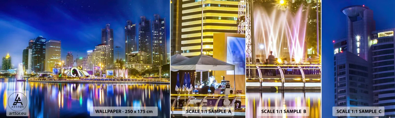 Mostră de Tapet Standard Eco - Noaptea de curcubeu a metropolei - Oraș, Bangkok, Arhitectură - 100x30 cm