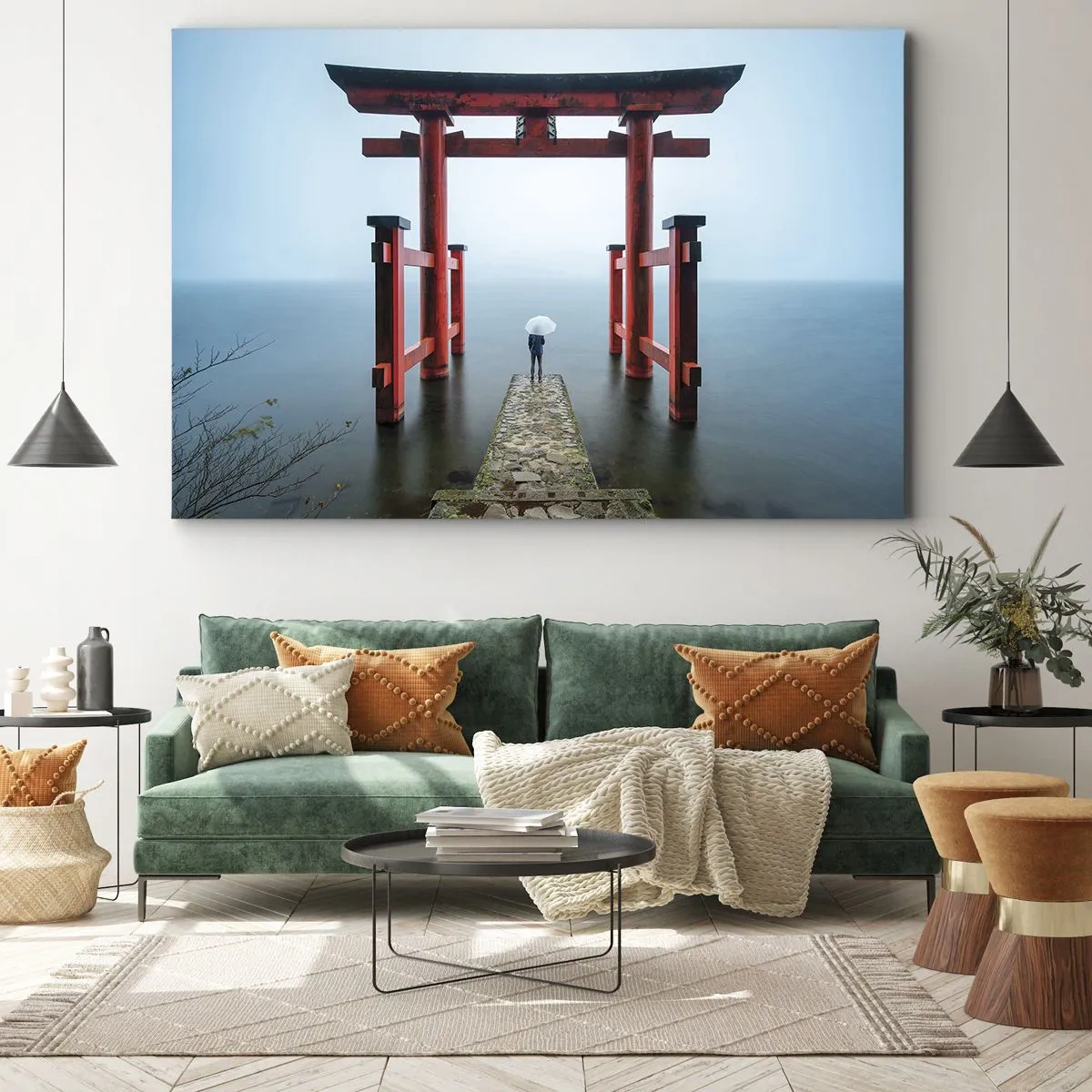 Tablou pe pânză Canvas - O poartă torii cu vedere la un lac liniștit din Japonia - 70x50cm - Reverie japoneză - Decorațiune modernă pentru perete pentru living și dormitor ARTTOR