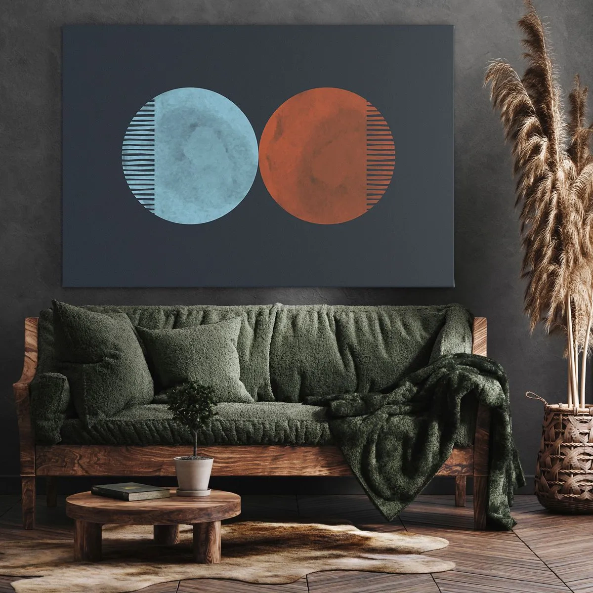 Tablou pe pânză Canvas - Design minimalist cu două roți în albastru și portocaliu - 70x50cm - Doar geometrie? - Decorațiune modernă pentru perete pentru living și dormitor ARTTOR