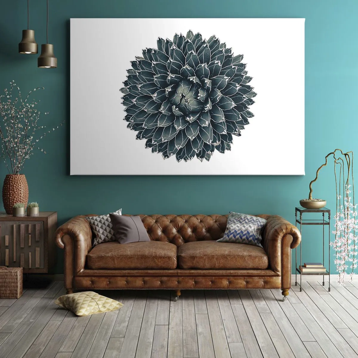 Tablou pe pânză Canvas - Plantă suculentă simetrică pe fundal alb - 70x50cm - Steaua deșertului - Decorațiune modernă pentru perete pentru living și dormitor ARTTOR