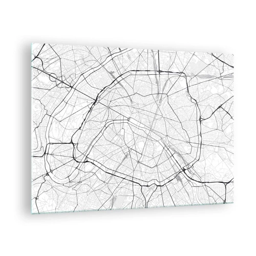 Tablou pe sticlă - Hartă a orașului alb-negru cu grilă stradală și artere circulare - 70x50cm - Floarea Parisului - Decorațiune modernă pentru perete pentru living și dormitor ARTTOR