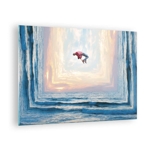 Tablou pe sticlă - Un bărbat sărind peste mare într-un cadru suprarealist - 70x50cm - Spre o altă dimensiune - Decorațiune modernă pentru perete pentru living și dormitor ARTTOR