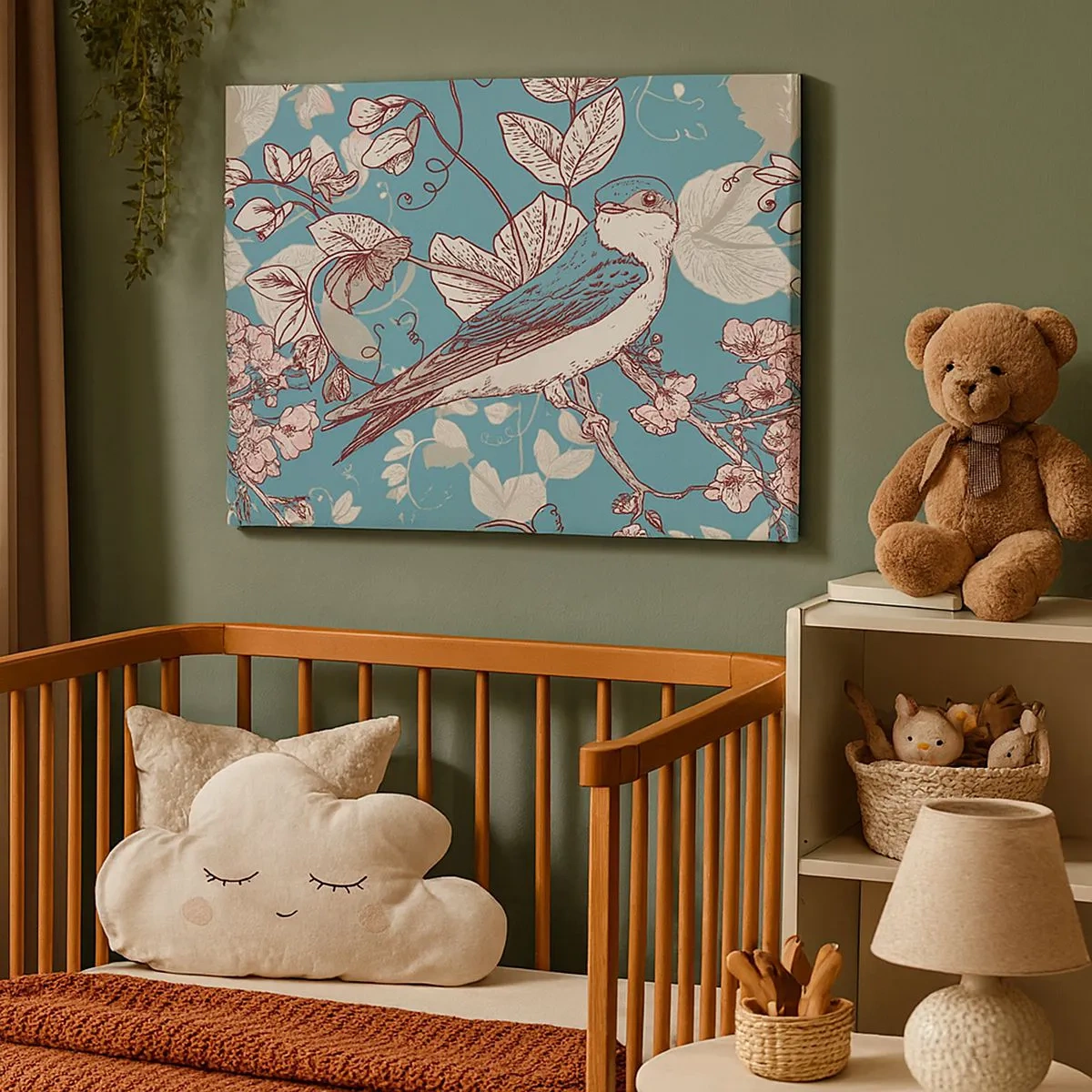 Tablou pe pânză Canvas - O pasăre pe o ramură într-un stil floral delicat - 70x50cm - Ciripit în florile albe - Decorațiune modernă pentru perete pentru living și dormitor ARTTOR