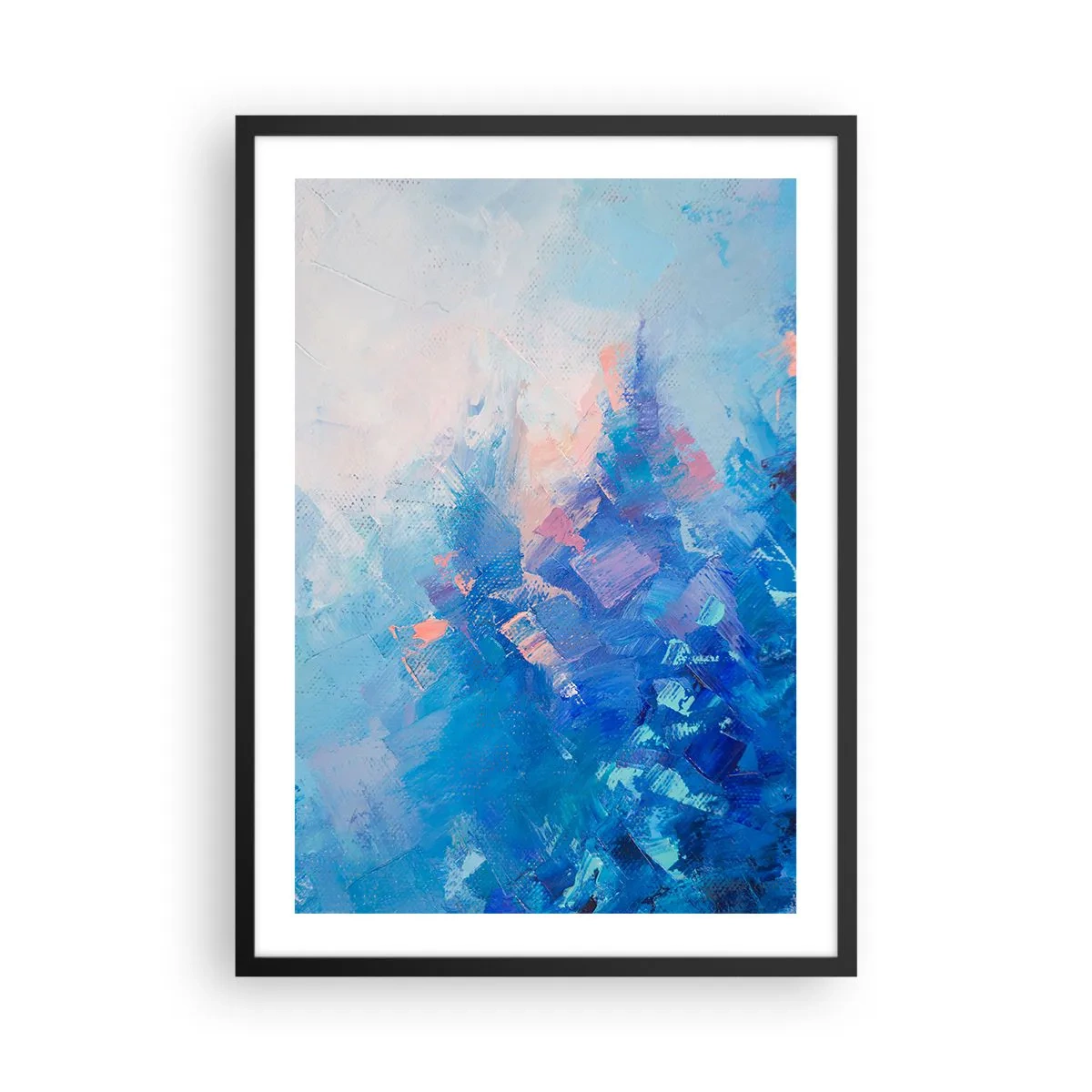 Poster în ramă neagră - O compoziție abstractă în nuanțe de albastru și roz inspirată de un peisaj de iarnă. - 50x70cm - Abstracție de iarnă - Decorațiune modernă pentru perete pentru living și dormitor ARTTOR