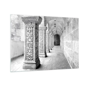 Tablou pe sticlă - Mănăstire istorică cu coloane sculptate - 70x50cm - Și încotro…? - Decorațiune modernă pentru perete pentru living și dormitor ARTTOR