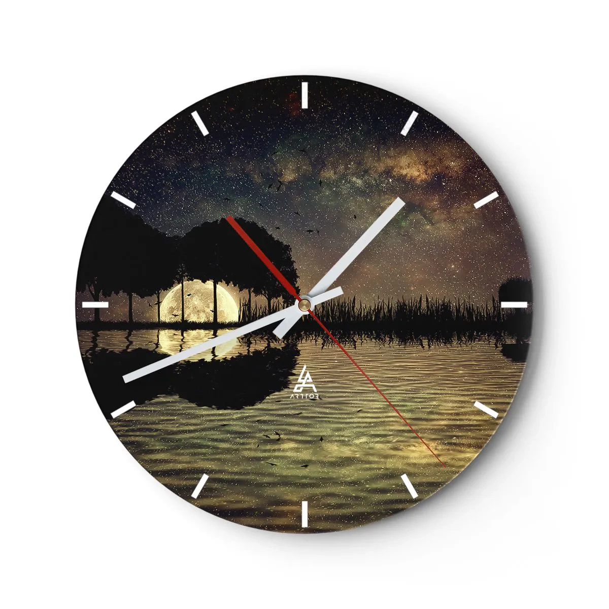 Ceas de perete - Ceas pe sticlă - Peisaj cu lac, copaci și cer înstelat noaptea - 30x30cm - O noapte la capătul lumii - Decorațiune modernă pentru perete pentru living, bucătărie și dormitor ARTTOR