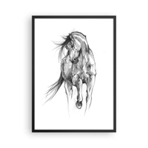 Poster în ramă neagră - Schiță a unui cal într-o poză dinamică - 50x70cm - Într-un trap grațios - Decorațiune modernă pentru perete pentru living și dormitor ARTTOR