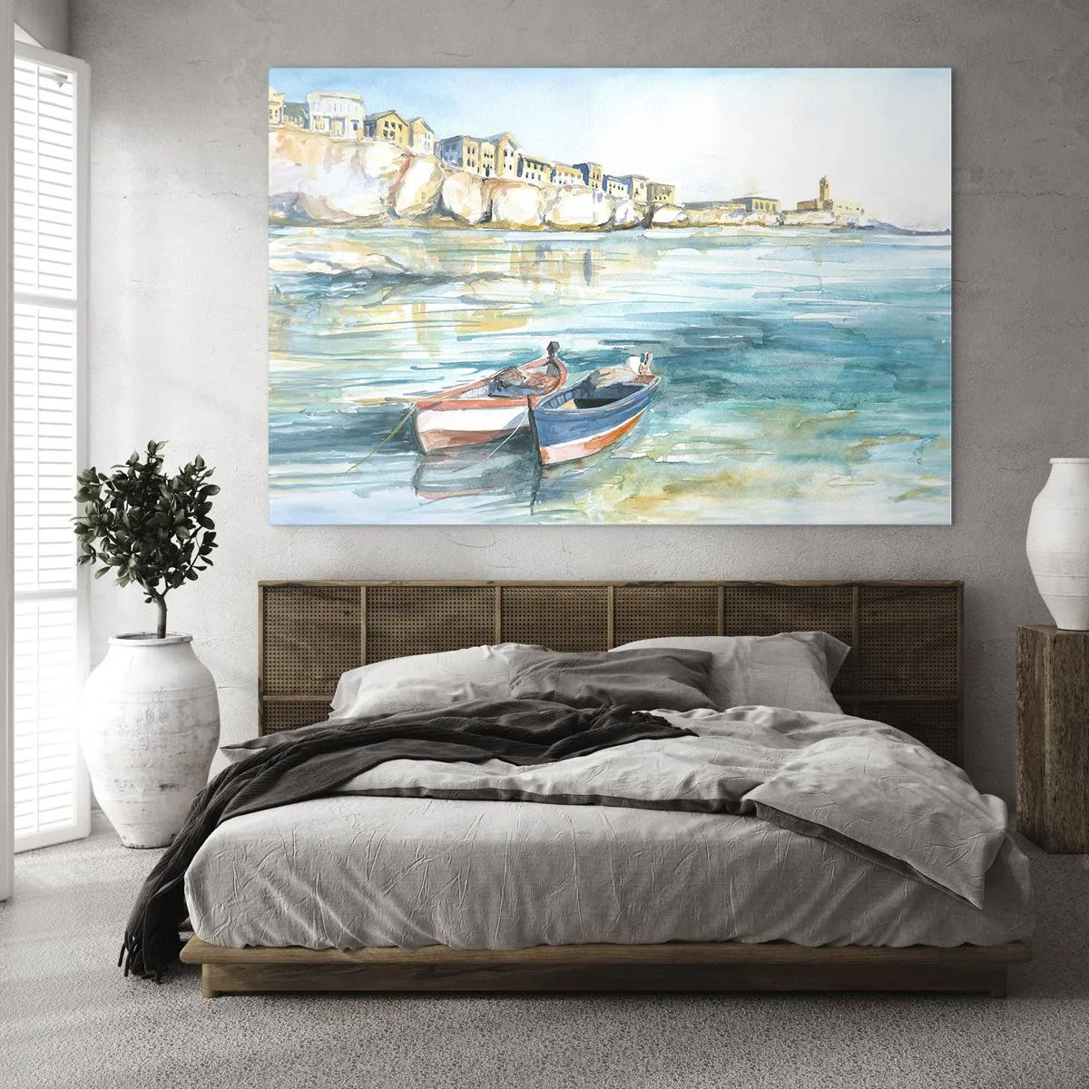 Tablou pe sticlă - Un golf turcoaz cu bărci și clădiri pe stâncă - 70x50cm - Peisaj în azur - Decorațiune modernă pentru perete pentru living și dormitor ARTTOR