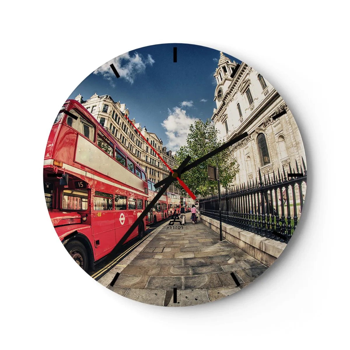 Ceas de perete - Ceas pe sticlă - Un autobuz roșu cu etaj pe o stradă a orașului într-o zi însorită - 30x30cm - Stradă din Londra în gri și roșu - Decorațiune modernă pentru perete pentru living, bucătărie și dormitor ARTTOR