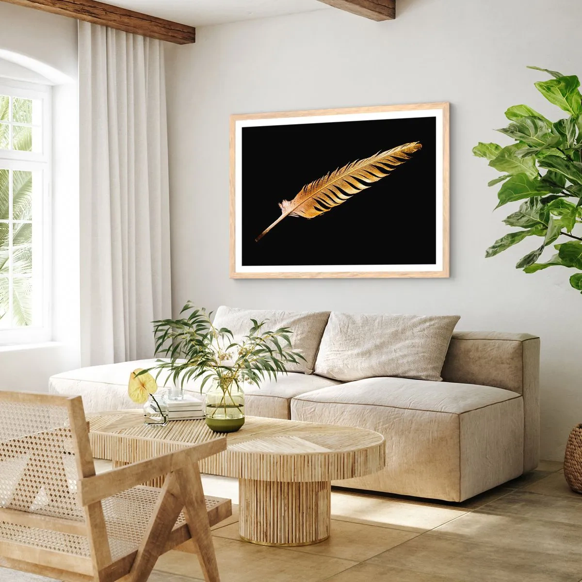 Poster în ramă de stejar deschis - Pană aurie perfectă - 40x30 cm