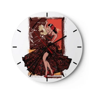 Ceas de perete - Ceas pe sticlă - O dansatoare într-o rochie roșie cu un fundal artistic - 30x30cm - În ritmul inimii - Decorațiune modernă pentru perete pentru living, bucătărie și dormitor ARTTOR