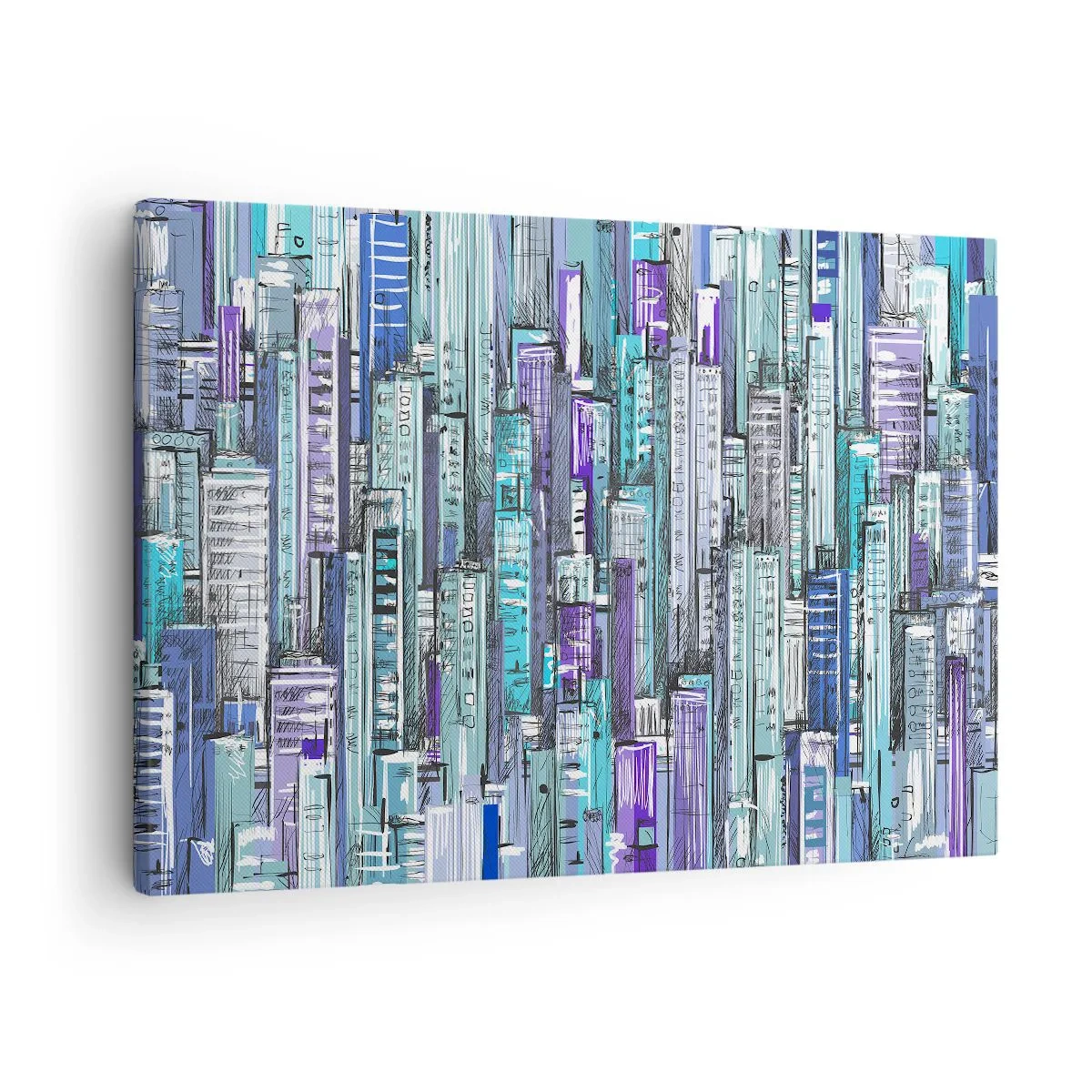 Tablou pe pânză Canvas - Ilustrație a unui oraș cu clădiri geometrice în nuanțe de albastru și violet. - 70x50cm - Albastru din cer - Decorațiune modernă pentru perete pentru living și dormitor ARTTOR