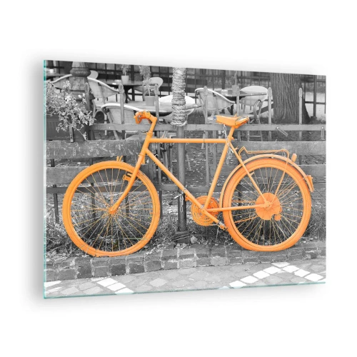 Tablou pe sticlă - O ilustrație a unei biciclete vopsite în portocaliu pe un fundal alb-negru. - 70x50cm - Du-te, eu aștept aici - Decorațiune modernă pentru perete pentru living și dormitor ARTTOR