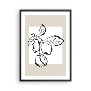 Poster în ramă neagră - O ilustrație minimalistă a unei crenguțe de lămâie în stil alb-negru. - 50x70cm - Unde se coace lămâia... - Decorațiune modernă pentru perete pentru living și dormitor ARTTOR