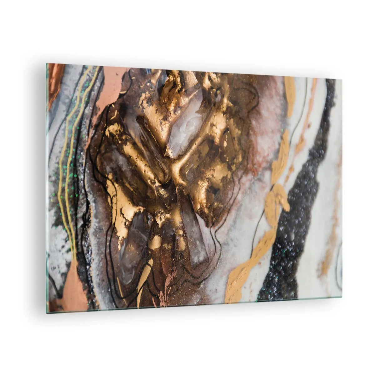 Tablou pe sticlă - O pictură abstractă în nuanțe de auriu, maro și alb, cu o textură minerală. - 70x50cm - Elementul pământ - Decorațiune modernă pentru perete pentru living și dormitor ARTTOR