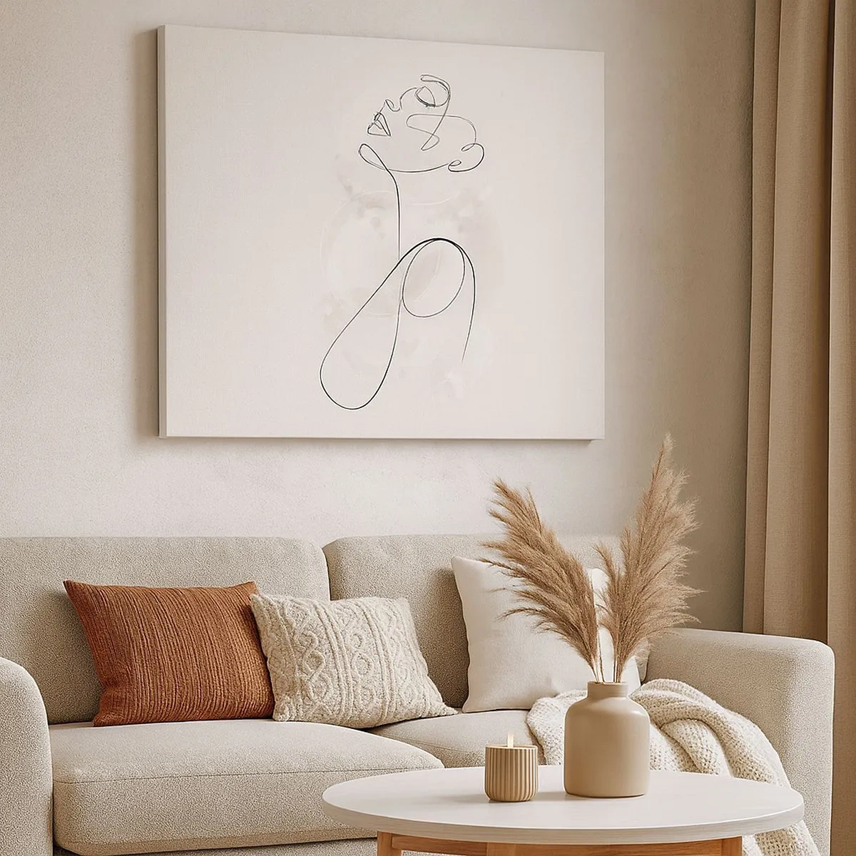 Tablou pe pânză Canvas - Contur minimalist al feței cu o floare pe un fundal deschis - 70x50cm - Spirala frumuseții - Decorațiune modernă pentru perete pentru living și dormitor ARTTOR
