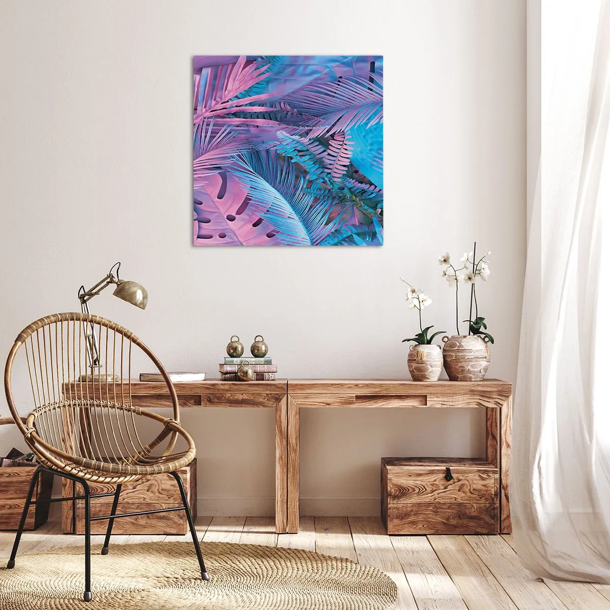 Tablou pe pânză - Palmieri în alb și albastru - 50x50 cm