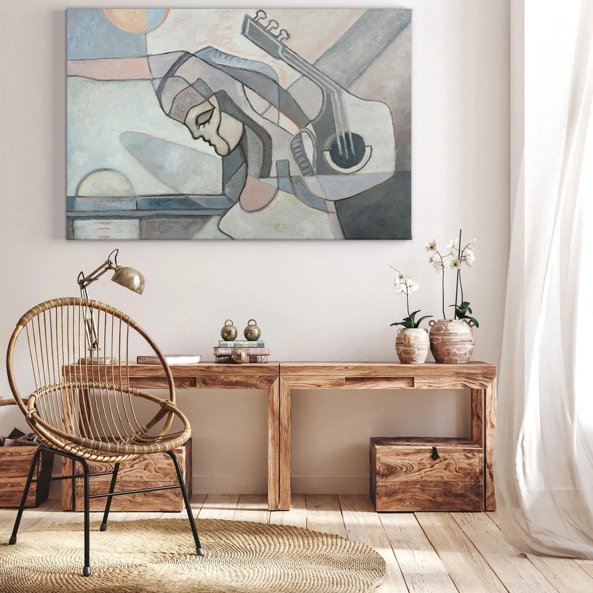 Tablou pe pânză Canvas - O figură abstractă cu o chitară în culori pastelate. - 70x50cm - În puterea muzicii - Decorațiune modernă pentru perete pentru living și dormitor ARTTOR