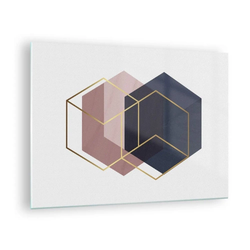 Tablou pe sticlă - Contururi aurii ale cuburilor pe un fundal de culori solide albastru marin și roz - 70x50cm - Puterea simplității - Decorațiune modernă pentru perete pentru living și dormitor ARTTOR