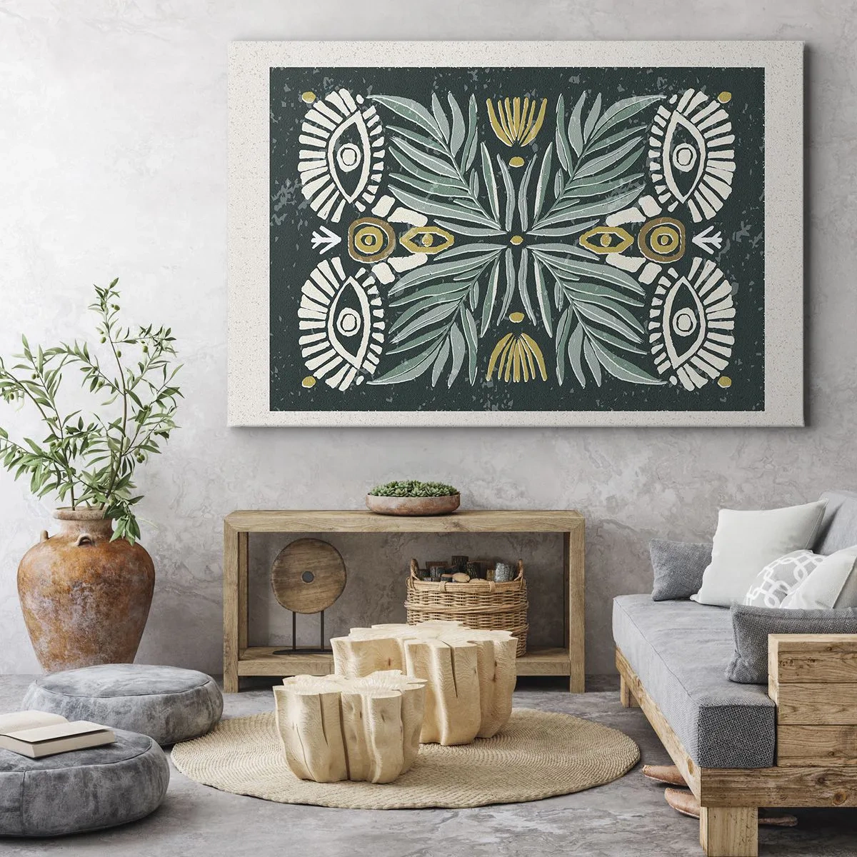 Tablou pe pânză Canvas - Model simetric de plante pe un fundal verde - 70x50cm - Ca un decupaj folcloric - Decorațiune modernă pentru perete pentru living și dormitor ARTTOR
