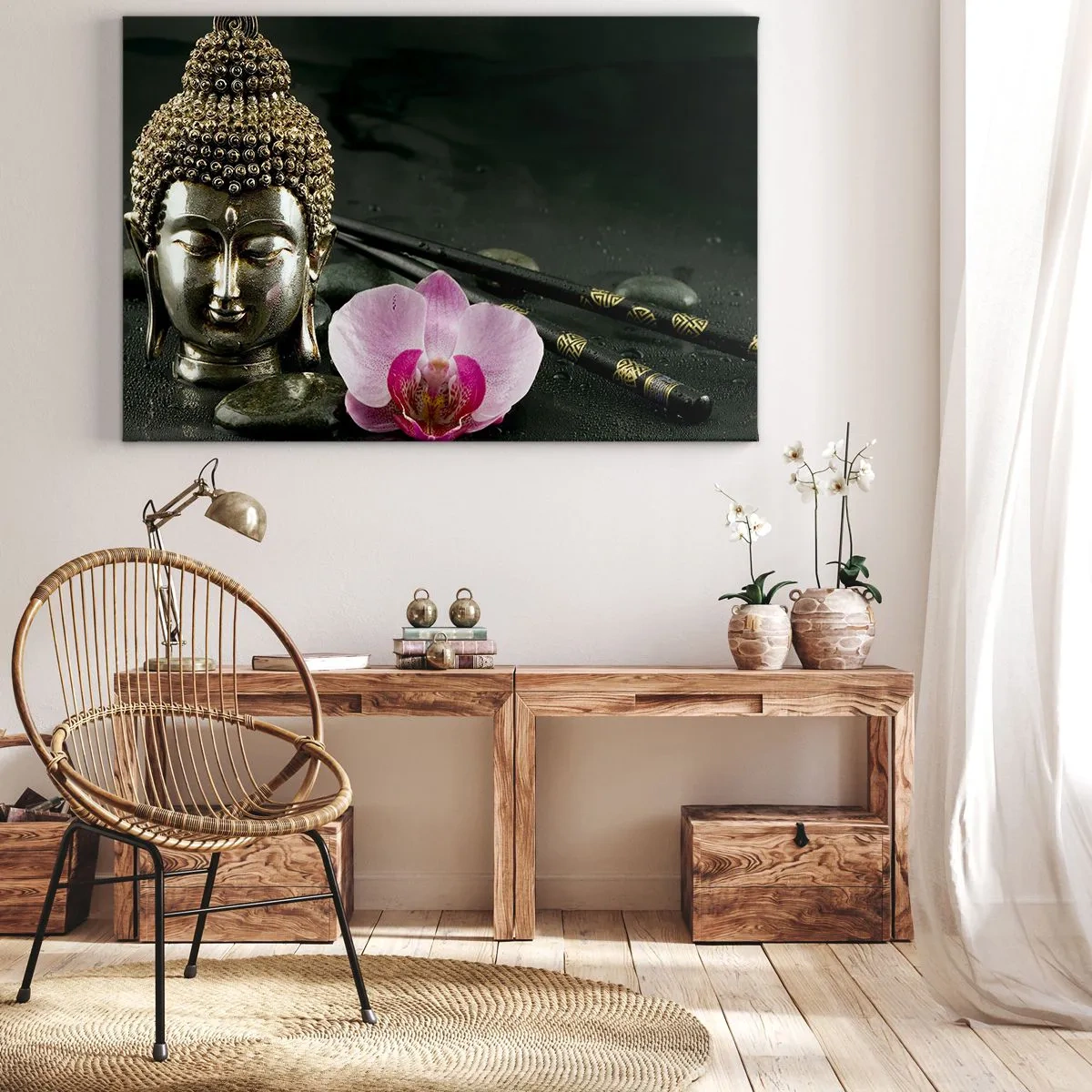 Tablou pe pânză Canvas - O statuetă a lui Buddha cu o orhidee și bețișoare pe un fundal de pietre - 70x50cm - Armonie între înțelepciune și frumusețe - Decorațiune modernă pentru perete pentru living și dormitor ARTTOR