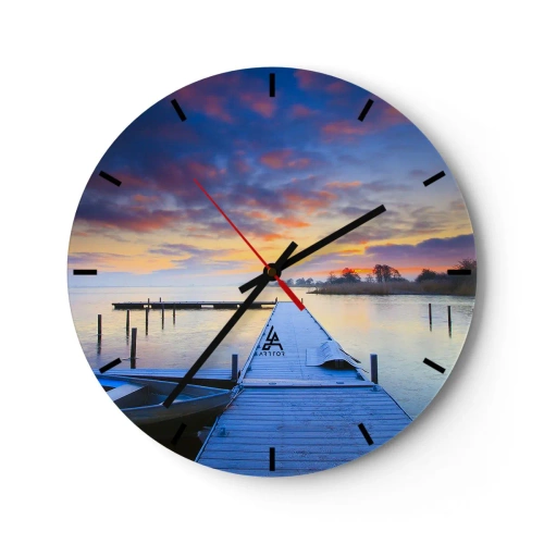 Ceas de perete - Ceas pe sticlă - Digul de pe malul lacului la răsărit - 30x30cm - Seninătate mov-auriu - Decorațiune modernă pentru perete pentru living, bucătărie și dormitor ARTTOR