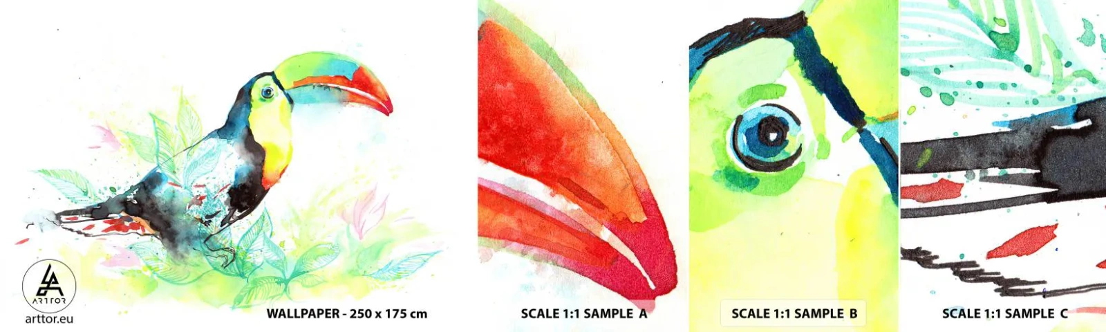 Mostră tapet autocolant Deluxe Sticker - Colorată ca America de Sud - Pasăre, Tucanul, Pentru copii - 100x30 cm