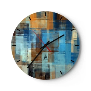Ceas de perete - Ceas pe sticlă - Dreptunghiuri abstracte în nuanțe de albastru și maro - 30x30cm - Prin valul albastru - Decorațiune modernă pentru perete pentru living, bucătărie și dormitor ARTTOR