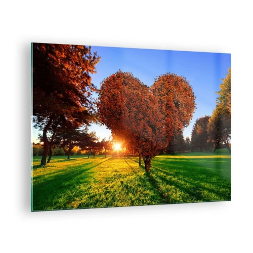 Tablou pe sticlă - Un copac în formă de inimă pe fundalul soarelui care apune - 70x50cm - Și cum să nu iubești toamna? - Decorațiune modernă pentru perete pentru living și dormitor ARTTOR