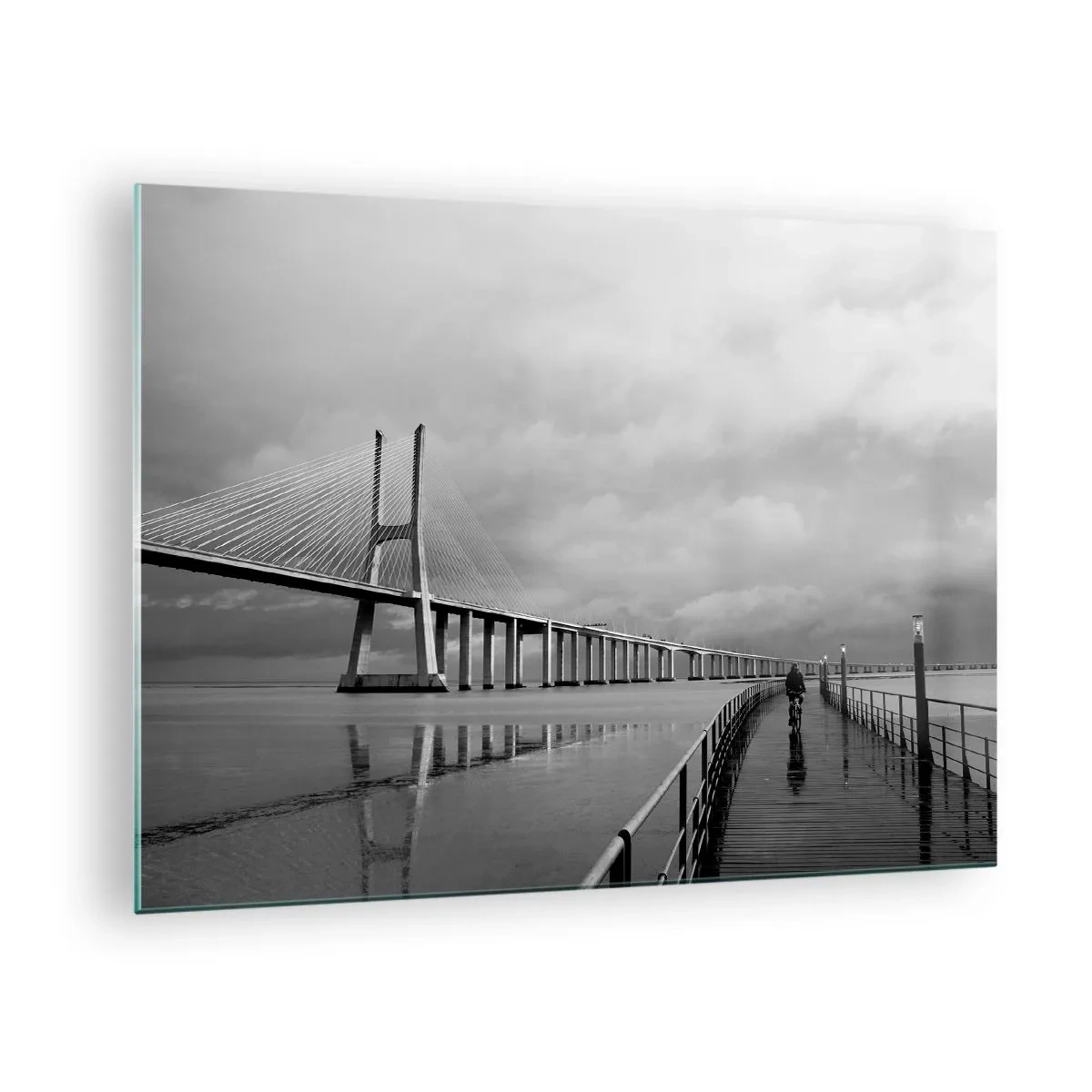 Tablou pe sticlă - Un pod într-un peisaj monocromatic cu un ciclist - 70x50cm - Pentru fiecare ceva - Decorațiune modernă pentru perete pentru living și dormitor ARTTOR