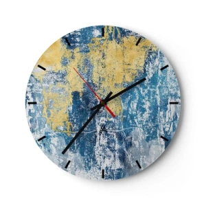 Ceas de perete - Ceas pe sticlă - Textură cu accente albastre și aurii - 30x30cm - Abstracție de vreme - Decorațiune modernă pentru perete pentru living, bucătărie și dormitor ARTTOR