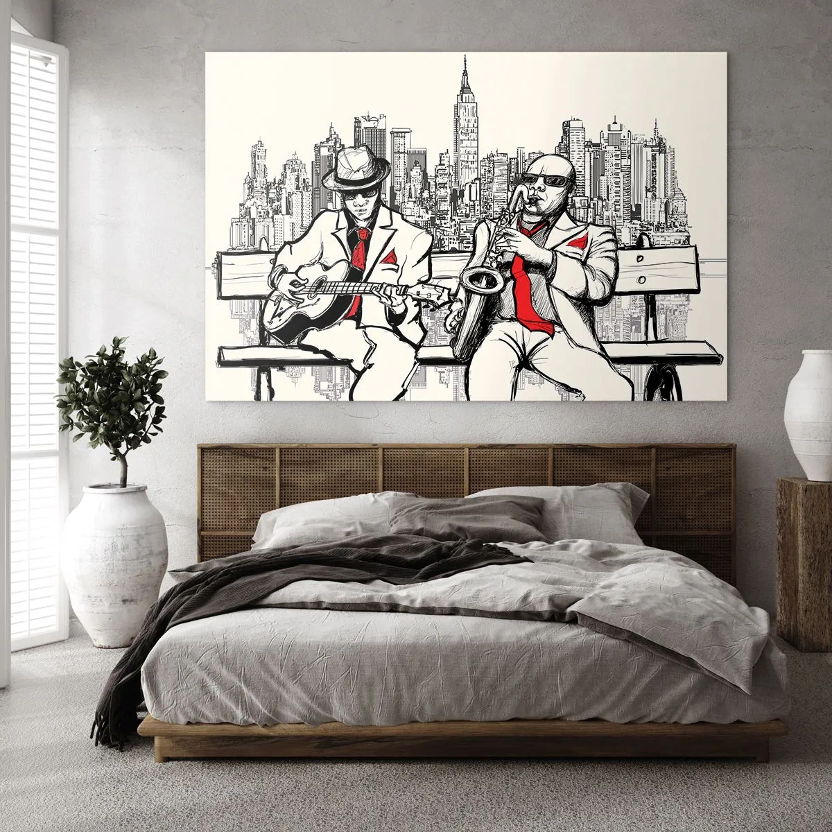 Tablou pe sticlă - Doi muzicieni de jazz cântând pe fundalul orizontului orașului - 70x50cm - Improvizație la New York - Decorațiune modernă pentru perete pentru living și dormitor ARTTOR