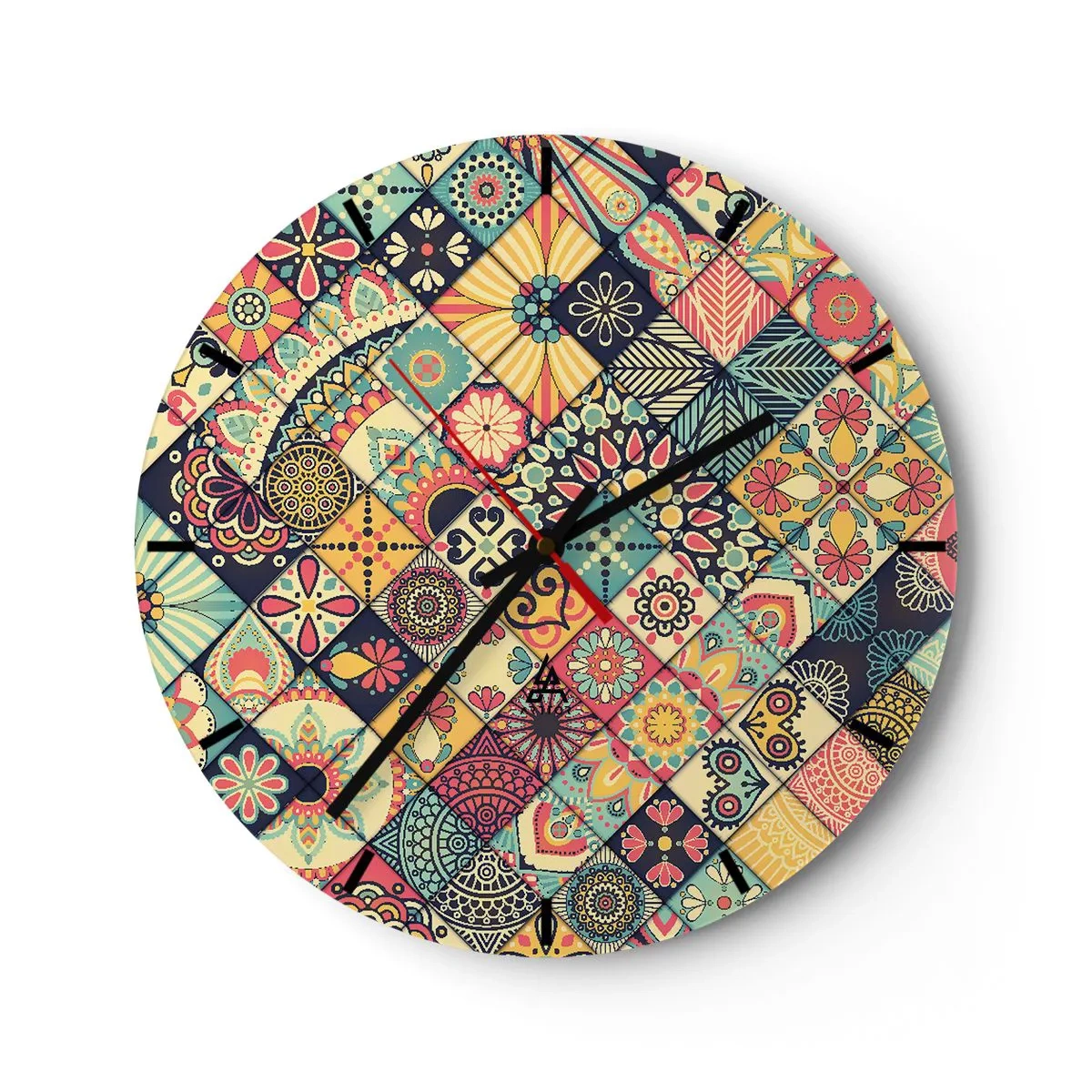 Ceas de perete - Ceas pe sticlă - Motiv patchwork colorat cu modele geometrice - 30x30cm - Clima marocană - Decorațiune modernă pentru perete pentru living, bucătărie și dormitor ARTTOR