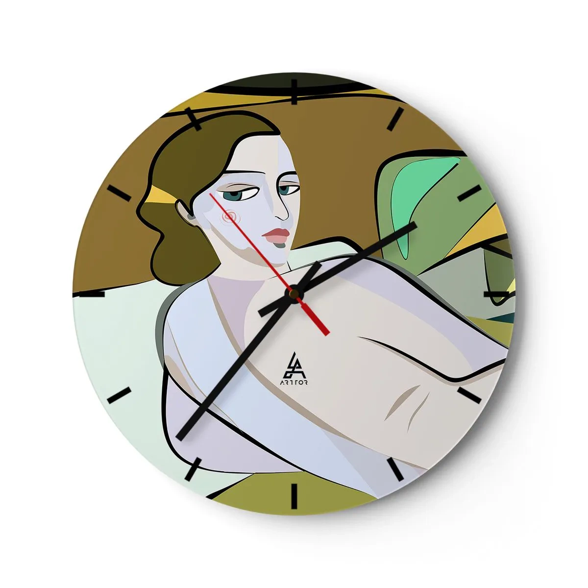 Ceas de perete - Ceas pe sticlă - O figură feminină în stil cubist pe un fundal abstract - 30x30cm - Portret intim - Decorațiune modernă pentru perete pentru living, bucătărie și dormitor ARTTOR