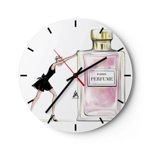 Ceas de perete - Ceas pe sticlă - O femeie cu o sticlă de parfum - 30x30cm - Esența feminității - Decorațiune modernă pentru perete pentru living, bucătărie și dormitor ARTTOR