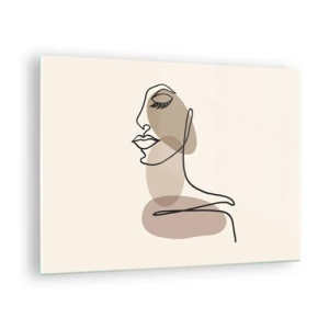 Tablou pe sticlă - Portretul unei fețe de femeie într-un stil minimalist, abstract - 70x50cm - Ascultându-se pe sine - Decorațiune modernă pentru perete pentru living și dormitor ARTTOR