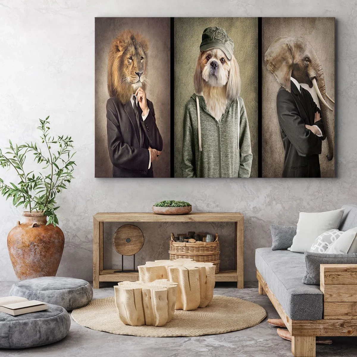 Tablou pe pânză Canvas - Portrete stilizate ale unui leu, unui câine și unui elefant în haine elegante - 70x50cm - Be cool - Decorațiune modernă pentru perete pentru living și dormitor ARTTOR