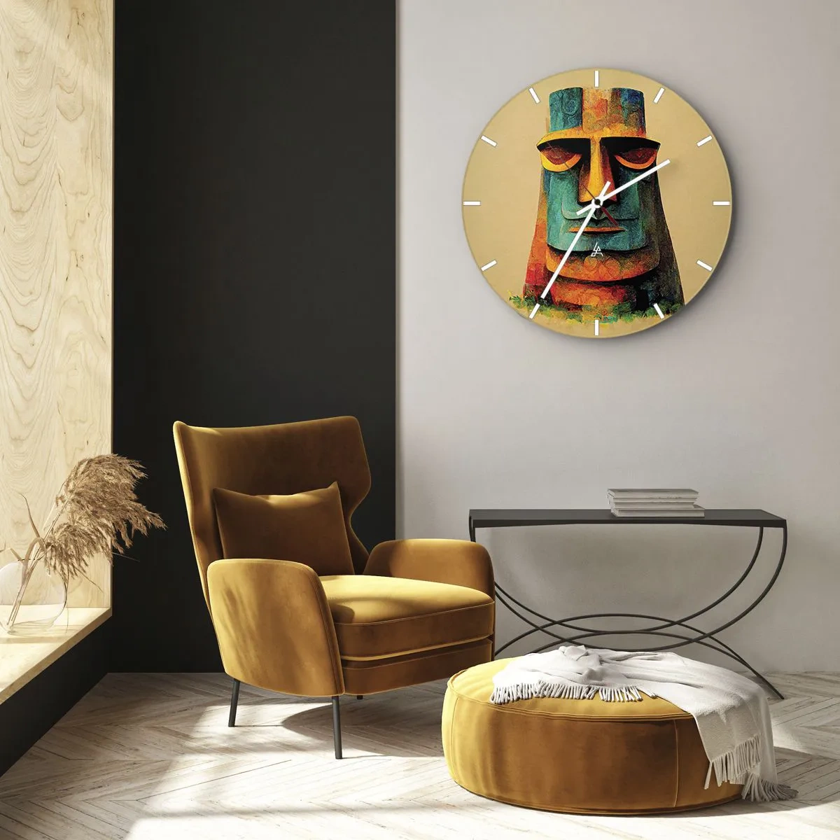 Ceas de perete - Ceas pe sticlă - Portret colorat al unei statui de piatră pe un fundal bej - 30x30cm - Statuie, dar simpatică - Decorațiune modernă pentru perete pentru living, bucătărie și dormitor ARTTOR